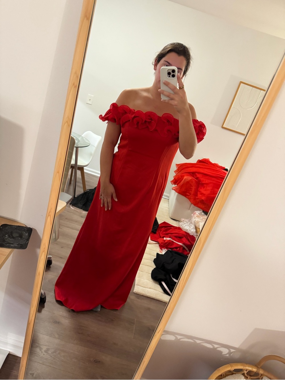 Ieena for Mac Duggal Red Off-The-Shoulder Ruffle Detail Column Gown